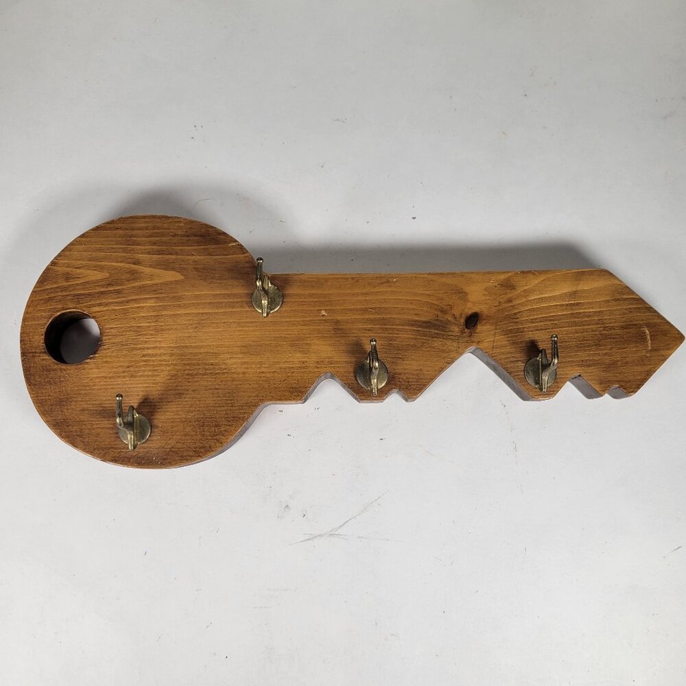 Vintage Wooden Wall Hanging Key-Shaped Key Holder Wood Key Shaped